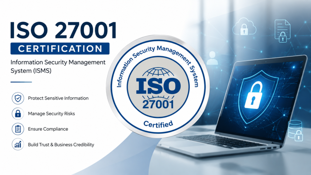 ISO 27001 certification infographic showing information security management system (ISMS) with security icons, shield, and laptop protection concept.